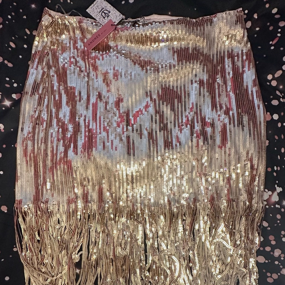 Rose Gold Sequin Fringe Skirt by Andrée